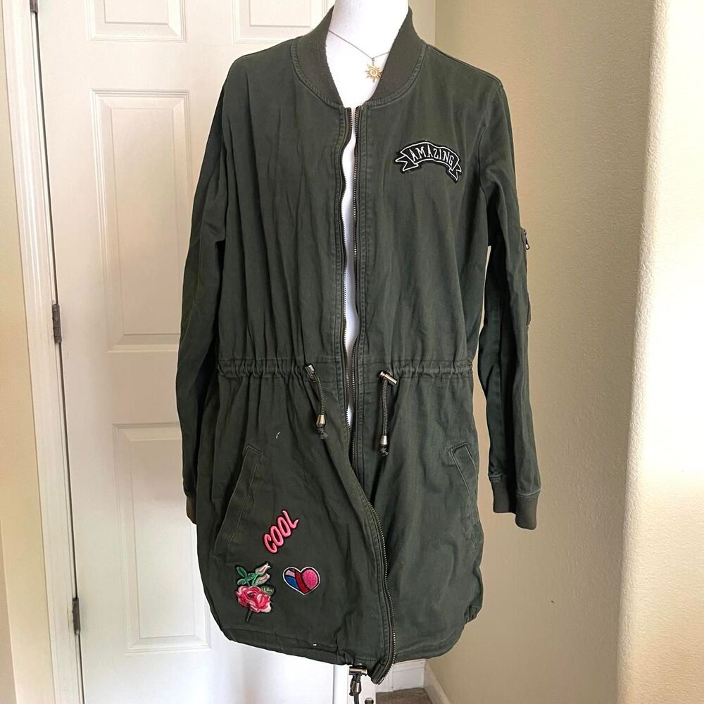 green utility bomber jacket with embroidered patches - Size Large